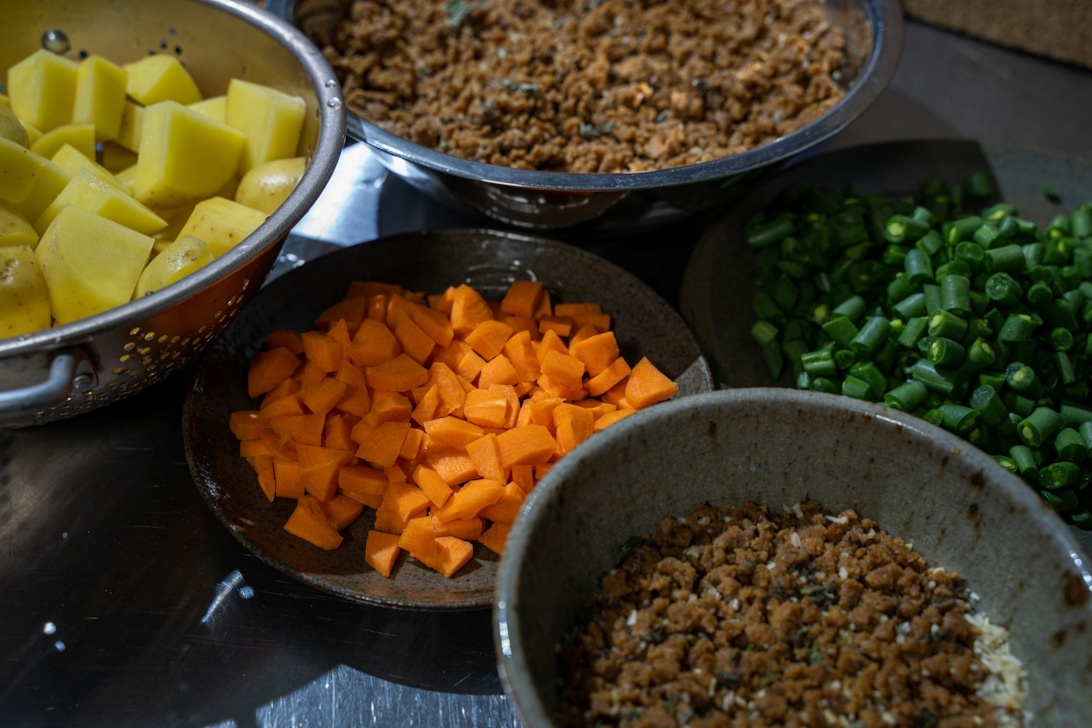 Friske, forberedte ingredienser som kartofler i tern, gulerødder, forårsløg og linser klar til madlavning.